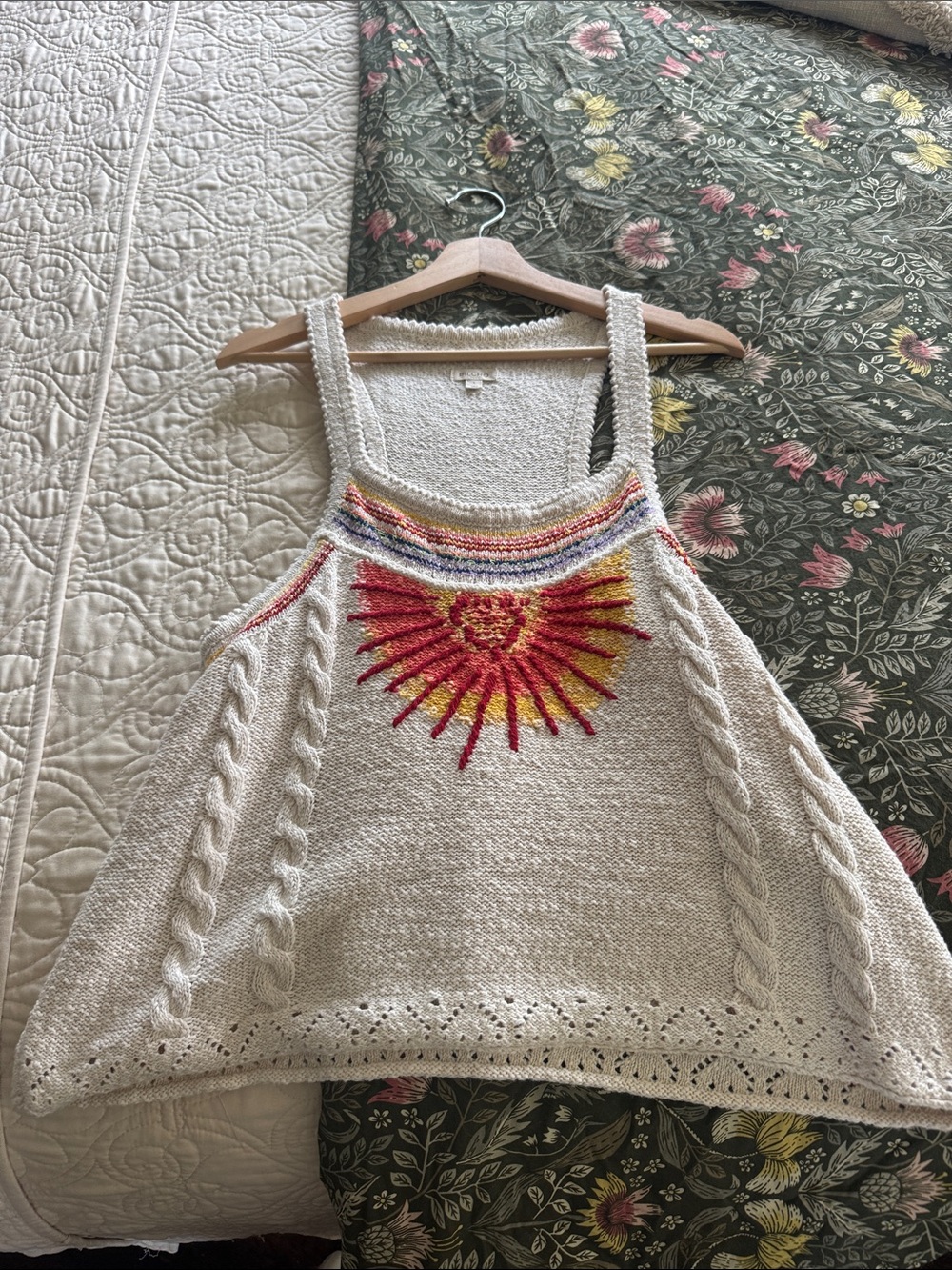 Anthropologie Cream Knit Tank with Red & Yellow Sunburst Embroidery